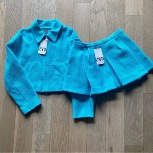 SET: textured bomber jacket + skirt sky blue size S NWT